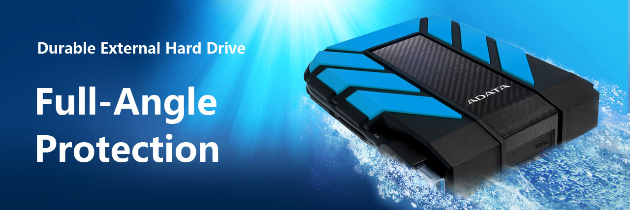 A HD710 Pro external HDD navigates through water like a hovercraft, with texts reading as “Durable External Hard Drive” and “Full-Angle Protection” next to it